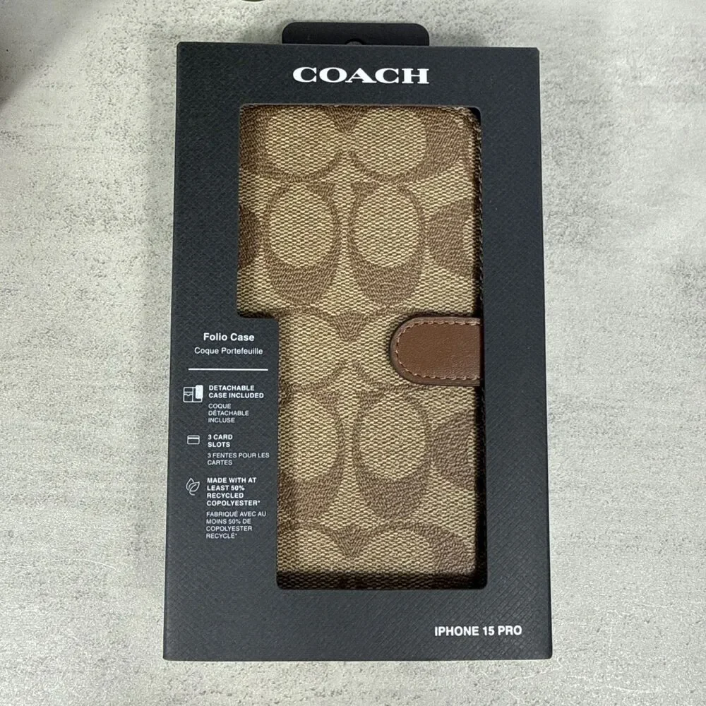 NEW Coach Signature Print Luxury iPhone 15 Pro Folio  w/Wallet & Detachable Case